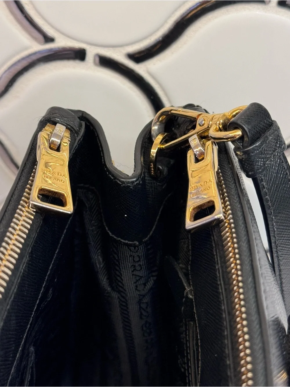 Authentic Prada Black Saffiano Leather Galleria Crossbody Bag with Gold Hardware